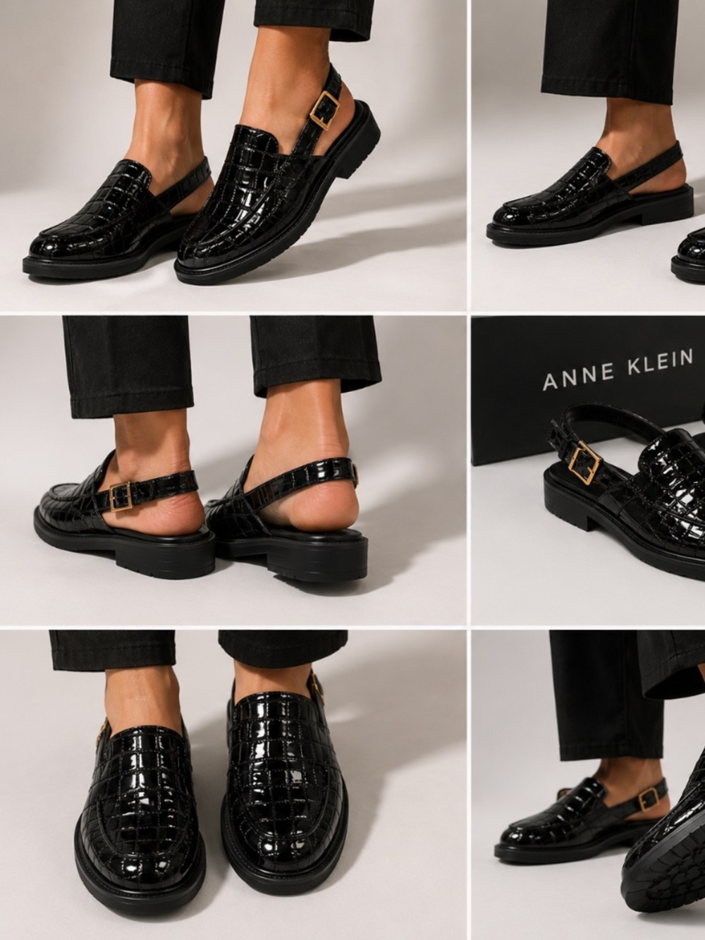 Anne Klein Black Patent Croc-Embossed Slingback Shoes